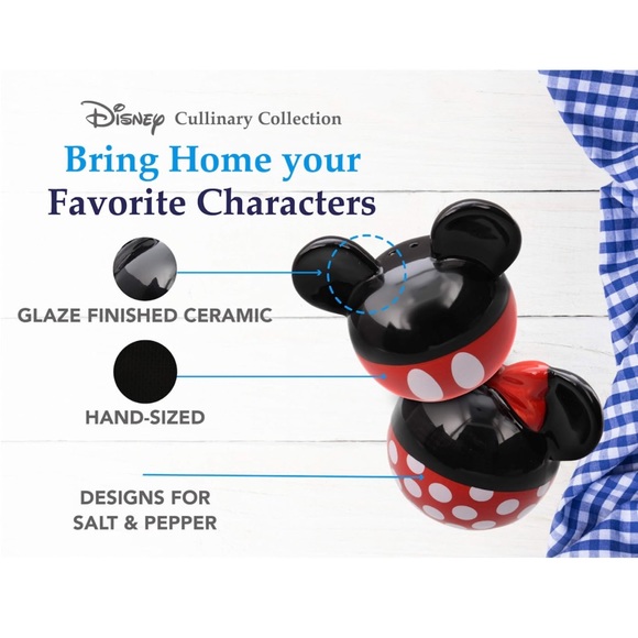 Disney Minnie and Mickey Mouse Salt and Pepper Shakers Ceramic Set Red Black - Picture 10 of 13